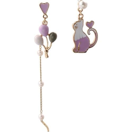 Fashion Earrings Gold White & Pink Asymmetric Cat Balloon Earringd Imitation Pearl Trendy Style Women Accessories Gift