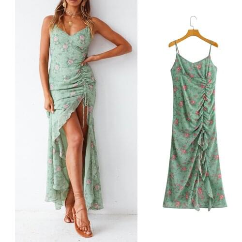 Women Chiffon Pleated Sexy Long Dress Za Fashion 2021 Strap V Neck Straight Summer Dress Sleeveless Vintage Chic Party Dress