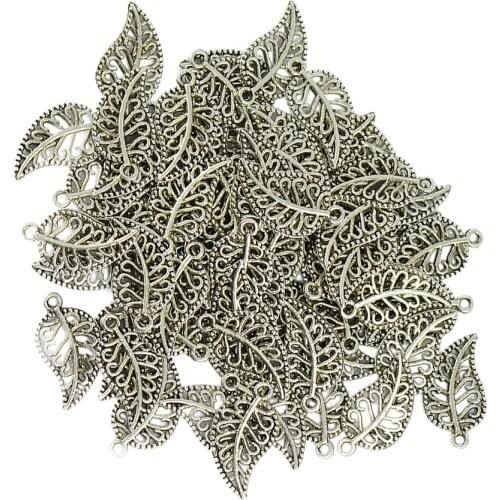 100pcs Vintage Tibetan Silver color Leaf Charms Beads Jelwelry Making Fingdings