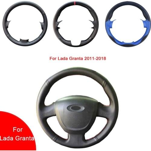 Breathable Punch Hand-Stitched Black Artificial Leather Car Steering Wheel cover For Lada Granta 2011-2018