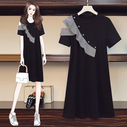 EHQAXIN Plus Size Women Striped Ruffle Dress Summer 2021 Rivet Off The Shoulder Short Sleeve Patchwork Loose Casual Tshirt Dress