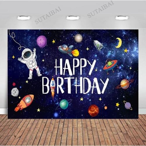 Space Backdrop Astronaut Stars Moon Planet Photography Backgrounds Happy Birthday Backdrops for Boy Newborn Portait Photo Shoot