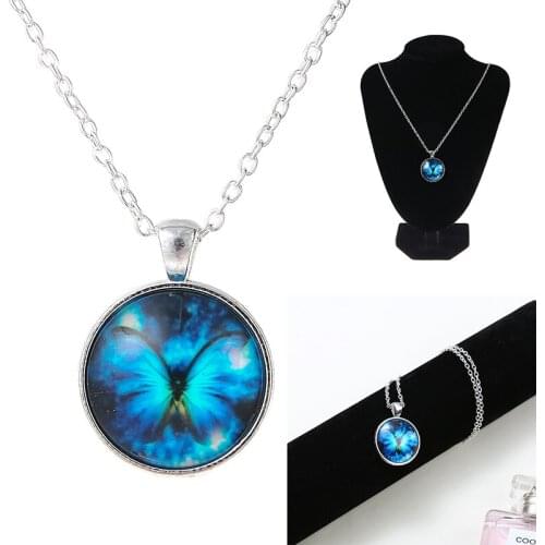 Exquisite Vintage Butterfly Necklace Cabochon Tibetan Glass Pendant Charm Chain Necklace Female Trend Jewelry Accessories