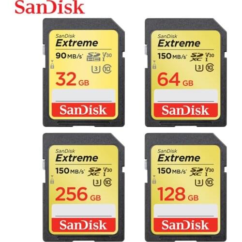 SanDisk Memory Card Extreme SD Card 4K UHD 32GB SDHC 64GB 128GB 256GB SDXC C10 U3 V30 up to 150M/s For 1080p 3D Full HD Camera