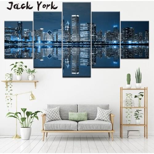 Canvas Painting Chicago Downtown at Night 5 Pieces Wall Art Painting Modular Wallpapers Poster Print for living room Home Decor