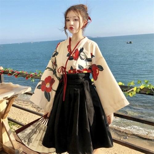 Japanese Style Woman Kimono Summer Fashion Floral Haori Girls 2pcs Top and Skirt Outfits Full Sleeve Japanese Dress for Women