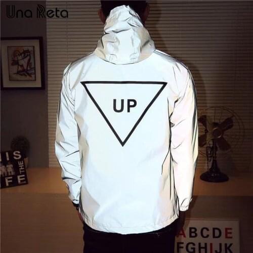 Una Reta Men Jacket Casual Hip Hop Windbreaker Reflective Jacket Men Women Lovers Coat Hooded Fluorescent Couple Clothing Jacket