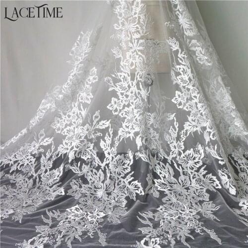 Hot Sale 1 Yard Embroidery Flower Gauze Wedding Dress Big Lace Fabric Ivory White DIY Handmade Patchwork Sewing Supplies