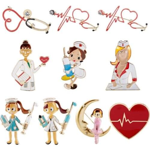 Nurse Doctor Badge Brooches For Women Men Enamel Colorful Stethoscope Heartbeat Shape Brooch Pins Ornaments Gifts Hot Sale