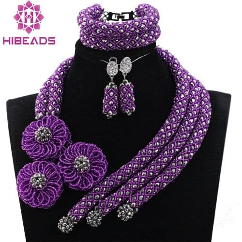 Fashion Purple Mix Silver African Costume Jewellery Sets Women Party Engagement Bead Necklace Set Nigerian Free Shipping WE013