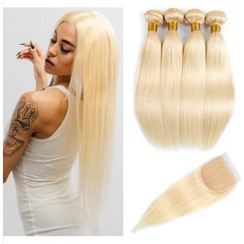 MOGULHAIR Pure Color 613 Platinum Blonde Hair 2/3 Bundles with Lace Closure Brazilian Body Wave Hair Remy Human Hair Extension