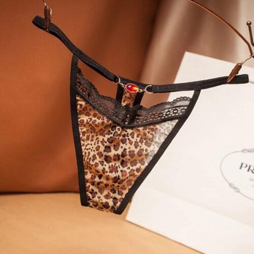 Sexy hollowed leopard t-shaped pants womens light luxury lace full transparent temptation low waist hot womens silk underwear