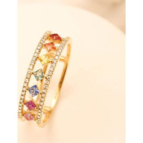 Luxury Female Rainbow Crystal Stone Ring Charm Gold Color Hollow Wedding Rings For Women Promise Square Zircon Engagement Ring