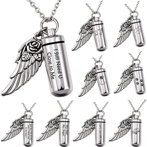 Pretty Rose flower angel wing Charm Cremation jewelry Cylinder Ash Urn Pendant Memorial Pet/Human Ashes Necklace Stainless Steel