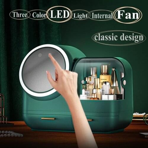 LED light makeup storage box fan cosmetic storage box transparent desktop storage box fashion transparent beauty box