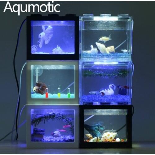 Aqumotic Mini Water World Light Fish Tank DIY Small Micro Landscape Kid Room Decor Tortoise House Decorative Jar Night