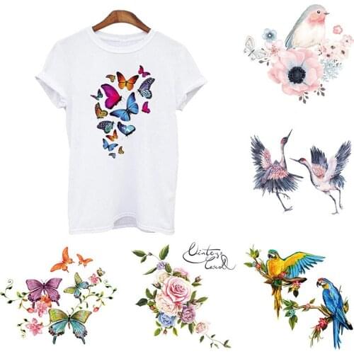 Butterfly Iron On Heat Transfer Cartoon Cute Flower Birds Patches For Clothes Diy T Shirts Bag Pink Crane Thermal Stickers Badge