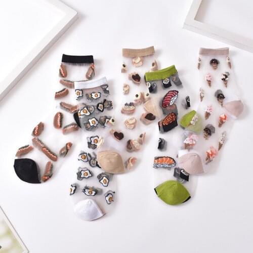 Spring and Summer Glass Silk Socks 2021 Womens Mid-tube Crystal Socks Japanese Transparent Thin Card Sock Kawaii 5pcs