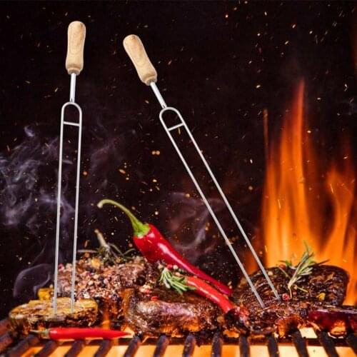-shaped BBQ Fork Barbecue Stainless Steel Fork Wood Handle BBQ Roast Needle Skewers Forks BBQ Skewers
