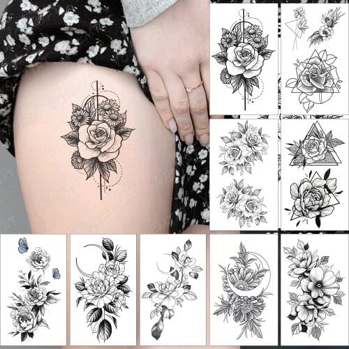 Waterproof Temporary Tattoo Sticker Ladies Tatto Sunflower Rose Flower Dot Line Flash Tatoo Thigh Arm Leg Men Children Tattoos