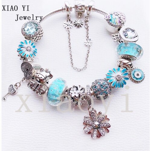 XIAOYI 2020 NEW s925 Blue Daisy flower coloured glaze love lock garden colorful DIY bracelet original gift birthday female