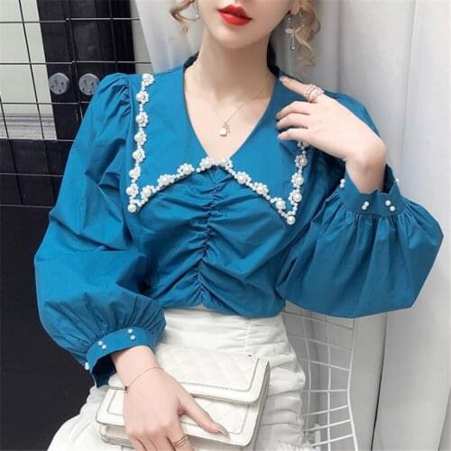 Vintage Women Shirts Blusas Roupa 2020 Women Autumn Blouse Korean Long Sleeve Womens Beading Tops and Blouses Female Tops