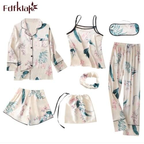 Fdfklak Spring Summer Pyjamas Women Home Wear Pijama Sexy Faux Silk Floral 7 Pieces Pajama Set Woman Sleep Wear Set Q1003