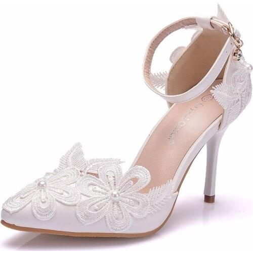 Women sandals wedding banquet Lace PU Rhinestones Buckle Strap 9.5CM Thin High heels Pointed Toe sandal women shoes size 35-42