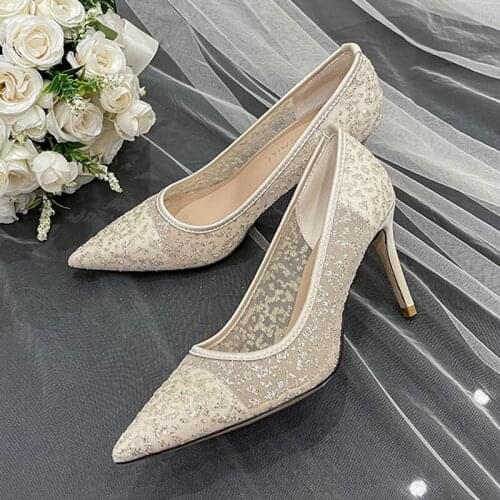Summer new style stiletto high heel lace pointed bridal wedding shoes large size small size wild banquet dress female sandals