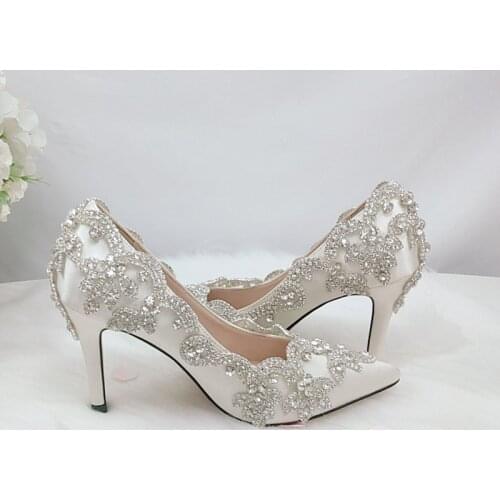 BaoYaFang Ivory Crystal Wedding shoes women high heels Pointed Toe Bridal party dress shoes woman 9cm Thin High Pumps Female