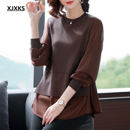 XJXKS 2021 spring autumn new round neck long-sleeved women stitching sweater wool knitted stitching top women pullover