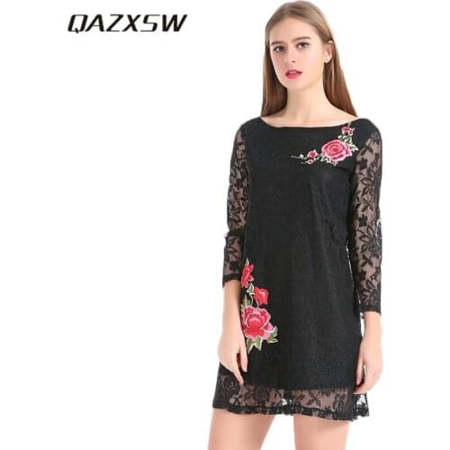 QAZXSW 2019 New Spring Women Dress Harajuku Embroidery Flower Long Sleeve Ladies Party Lace Dress Black Vestido Feminino HB580
