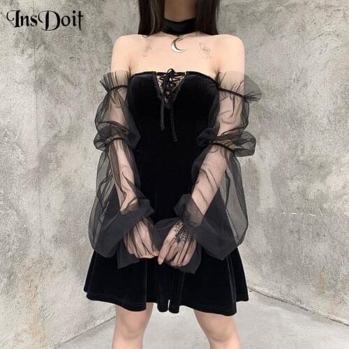 InsDoit Vintage Gothic Sexy Black Dress Goth Elegant Off Shoulder High Waist Mini Dress Women Bandage Hollow Out Party Dresses
