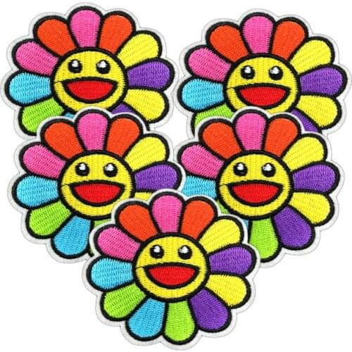 5PCS Flowers Embroidered Patches for Clothing DIY Rainbow Stripes Applique Cartoon Badges on Kid Clothes Cute Sew On Patch Set