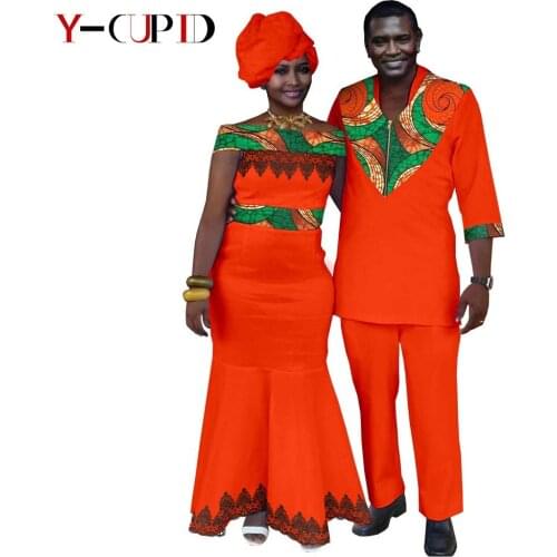 African Clothes for Couples Bazin Men Outfits Top and Pants Sets Matching Women Print Lace Dresses Headwrap Party Wedding Y21C03