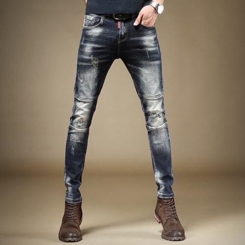 Men Blue Patchwork Jeans Embroidery Straight Pants Slim Fit Fashion Streetwear Cotton Ripped Denim Trousers