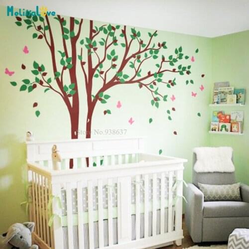 Custom Color Large wall decal sticker set with butterflies Huge Nursery Tree with Leaves Birds BB003
