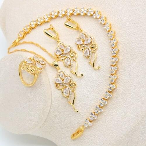 Exquisite Bride Gold Color Jewelry Set for Women Wedding White Zircon Bracelet Earrings Necklace Pendant Ring Christmas Gift
