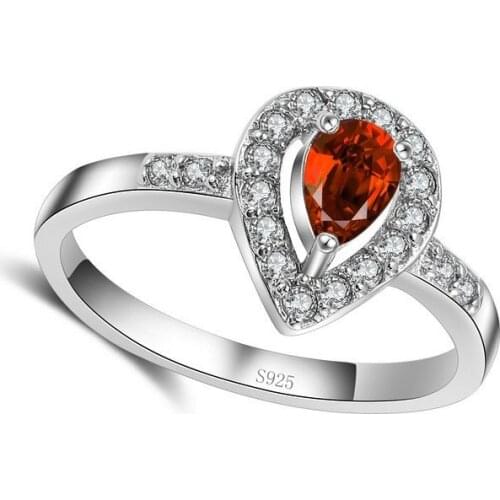 925 Sterling Silver Ring Luxurious Romantic Warm Style Droplet Shape Ornament Fire Red Crystal Stone For Women Wife