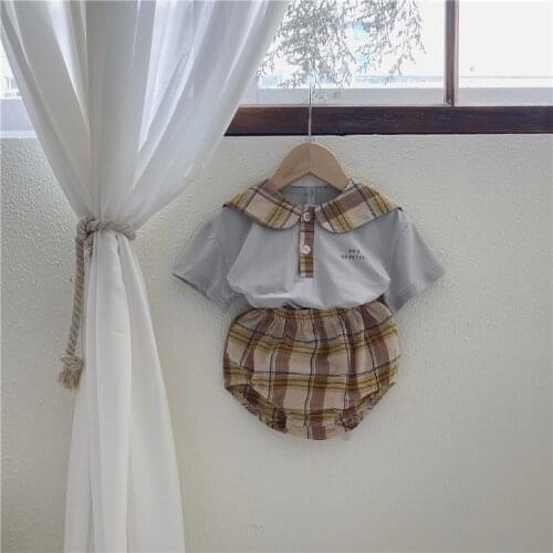 2021 Summer New Kids Clothing Set Plaid Navy Collar Stitching Short Sleeve Top And Bag Trousers 2 Pcs Suit