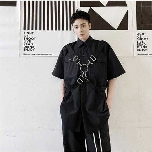 Hot Sale Men Iron Ring Ribbons Design Shirt Short Sleeve Hip Hop Punk Women Blouse Shirts Casual Tops Clothing