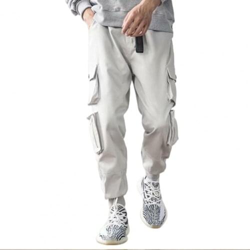 Men Casual Pants Multi Pockets Ankle Tied Drawstring Long Cargo Pants Loose Trousers Mens Clothing 2021