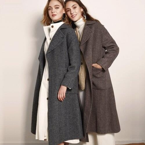 Women s winter coat grey coffee Double sided wool cashmere outwear 2019 autumn plus size ladies fashion overcoats long free ship