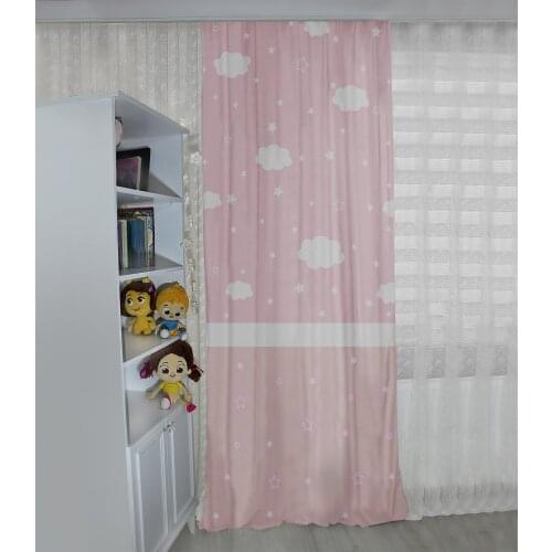 Pembe çocuk odası perdesi yıldızlı bulutlu perde