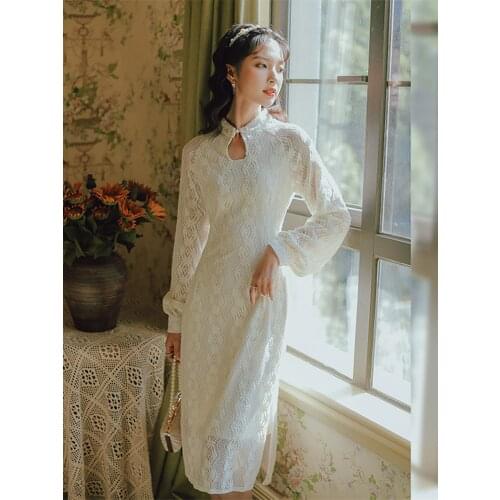 Improved Cheongsam Dress Female Spring 2021 New White Dresses Elegant Retro Cheongsam Female Literary Long Sleeved Dress Autumn