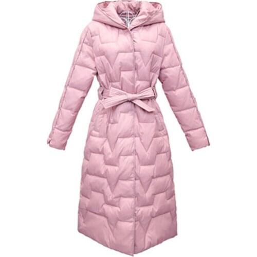 Womens Down Coats New Winter Female White Duck Down Parkas With Belt Large Size Long Coats Hooded Casual Lady Overcoats Trendy