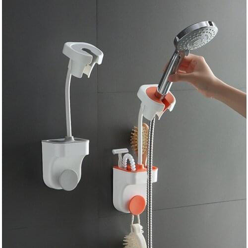 360 Degree Adjustable Bathroom Shower Head Holder Wall Mounted Punch Free Rack with Double Hooks Design ALI88