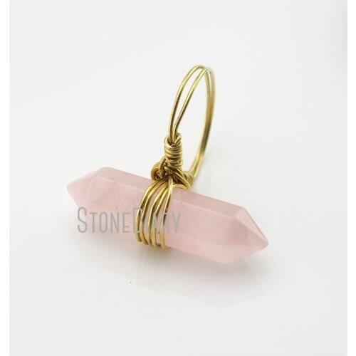 RM13022 10Pcs Rose Quartzs Ring Wire Wrapped Gold Color Faceted Double Terminated Point Ring For Less 6-8