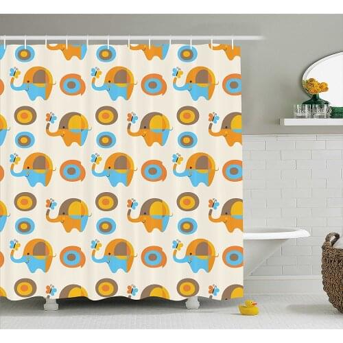 Modern Shower Curtain Abstract Elephant with Butterfly and Oval Circles Childish Kids Print Bath Curtains For Bathroom Bathtub