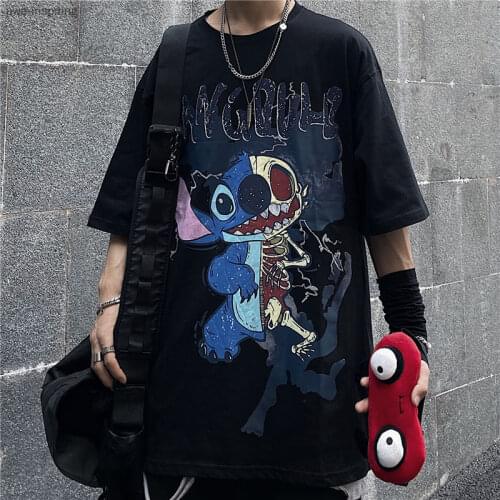 Hip-hop Trend Dark Cartoon Print T-shirt BF Anime Hong Kong Style Short-sleeved Student Couple T-shirt for Men and Women